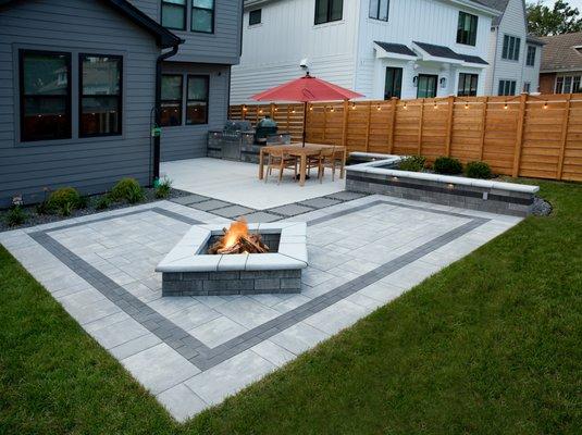 Brick patio, fire pit seawall LED lighting