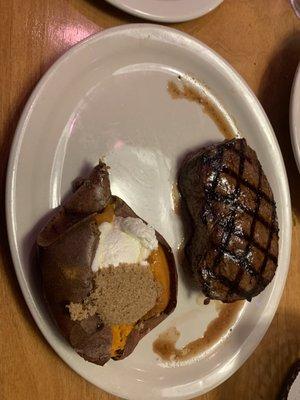 11 oz sirloin, loaded sweet potato.