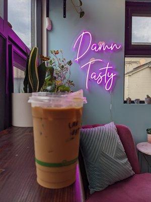 Iced oat milk lavender latte, inside Drifter.