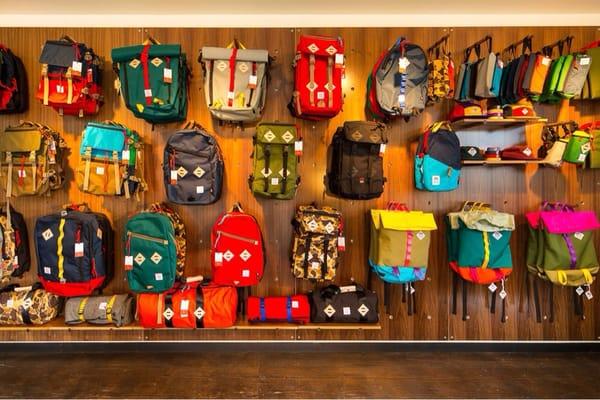 The pack wall! full of bags and backpacks made in USA