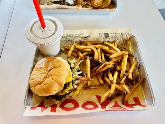 Delicious double cheeseburger, fries, and a cookies and cream shake!