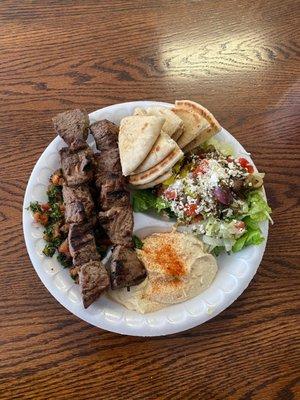 Habibi Platter - 2 beef medium rare, Tabouli, Hummus & Pita, Greek Salad