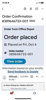 On Line Order placed with Office Depot