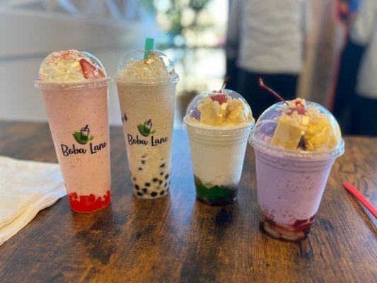 L to R: Strawberries n cream with strawberry heart jelly, Horchata Drive with boba, halo-halo with whole milk and halo-halo with taro milk.