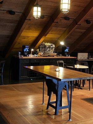 Inside tasting room with espresso machines