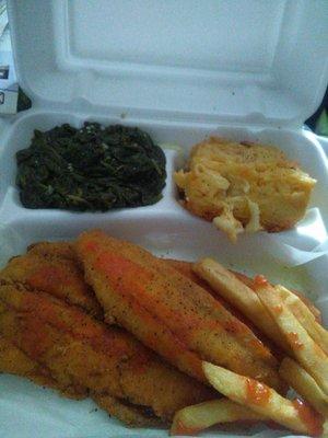 The food is good. I had fried flounder Mac n cheese spinach with garlic it was tasty. My son had the chicken fingers and fries