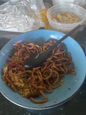 Lo mein and rice