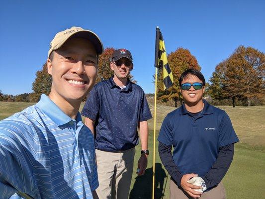 Group selfie on the 13th green with the fall leaves in the background. We had a lot of fun at Hampton Golf Village.