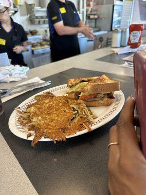 Steak  sandwich with homemade hash browns