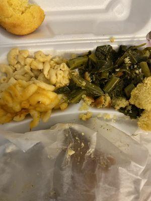 Dry Mac and cheese and collard greens.