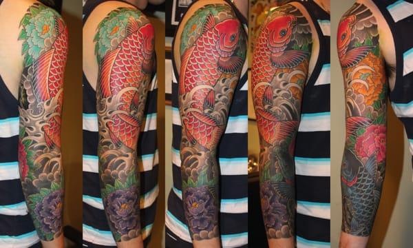 Koi cover up sleeve by Jay Cavna, Sanctity Tattoo