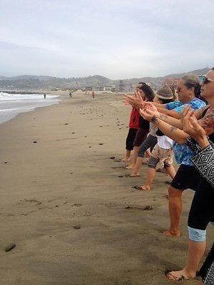 Students of Lomilomi massage class on the beach learning Kahi Loah (Light Touch/ Dancing the Wave)