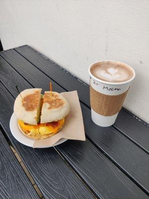 breakfast sandwich and mocha