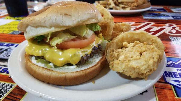 1/3 lbs cheeseburger and onion rings