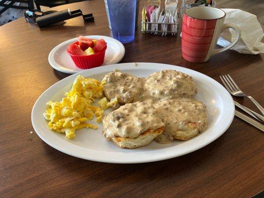 Biscuits and gravy, Scrambled eggs & fruit cup coffee