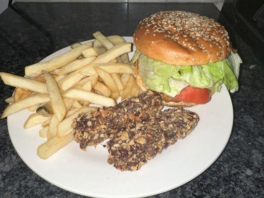 Fish sandwich, Fries and two candy bars.