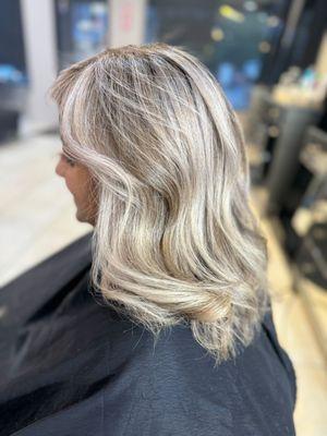 Fresh styled, colored. Base grey coverage + highlights + lowlights for dimensions