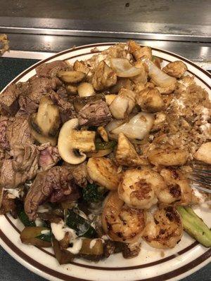 Steak, shrimp and chicken