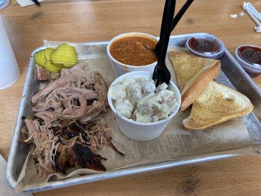 Pork plate, potato salad, and Brunswick stew