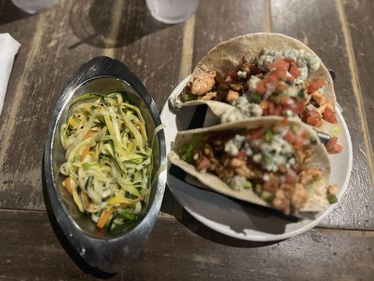 Salmon tacos & I assume steamed veggies. They were good....but i ordered fries