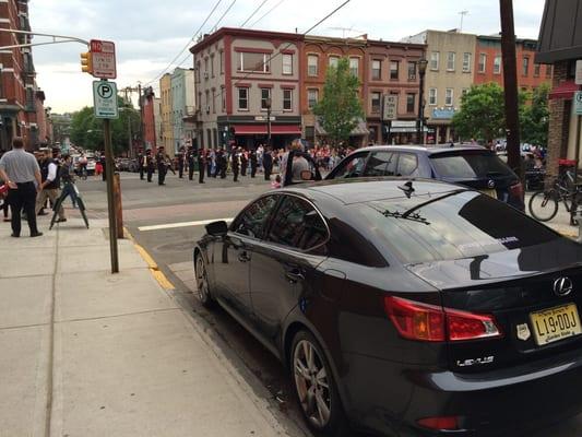 Impromptu parade?  Yup. Everyone stuck?  Yup. Everyone enjoying it anyways?  Yup. Oh, Hoboken.