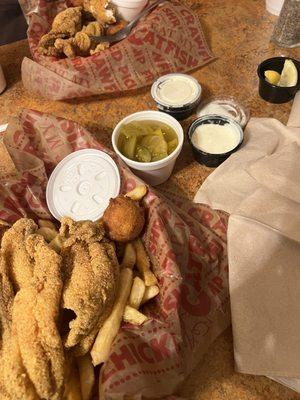 3 piece catfish with tomato relish, and garlic fries