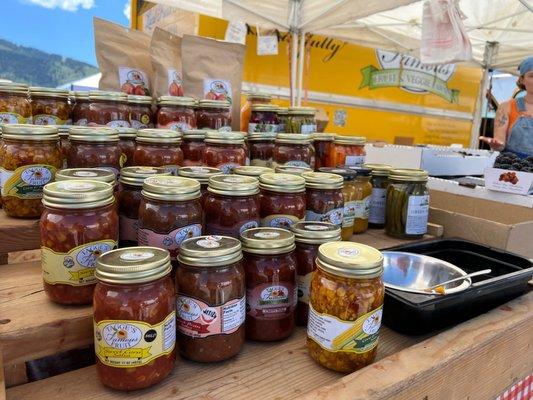 Local preserves and honeys and salsas and pasta sauces are available.