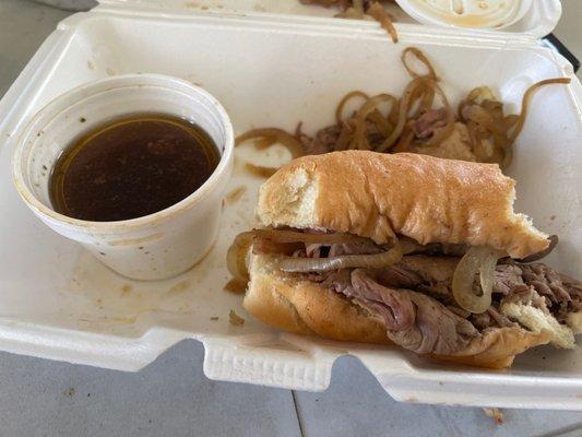 Roast beef and au jus sandwich