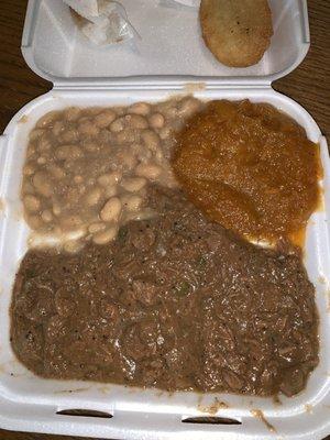 Beef tips, northern beans, and sweet potatoes