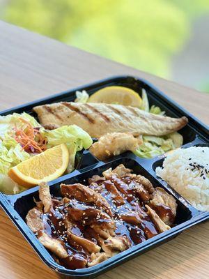 Lunch bento: chicken teriyaki and saba shioyaki