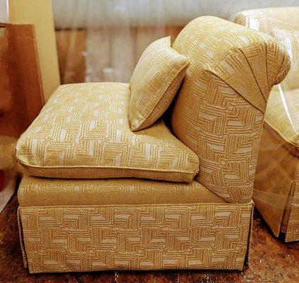 Fabulous set of two side chairs with an exquisite fabric brought by our dear customer.