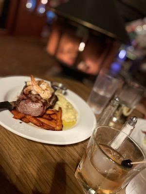 My 14oz Harris Ranch rib eye came with garlic mashed potatoes and glazed carrots $44 + 4 prawn $8 (11/8/22).