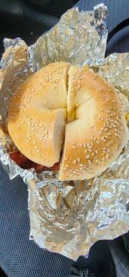 Bacon and egg on a sesame bagel