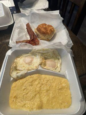 3 eggs breakfast and meat. Eggs prepare medium over easy, cheese grits and biscuit.