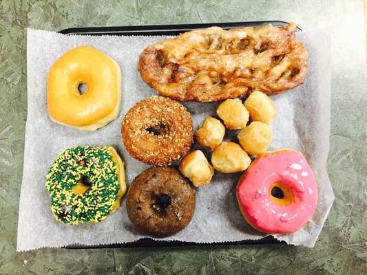 Glazed. Apple fritters. Chocolate sprinkle. Battle milk. Blueberry cake. Strawberry.