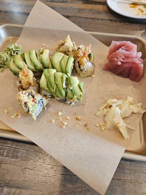 Tuna, avocado roll & crunchy shrimp roll.