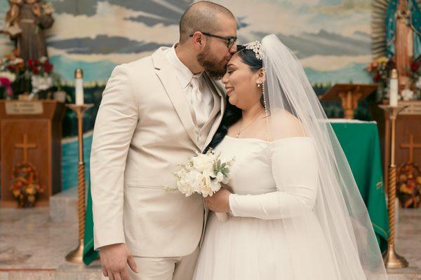 Beautiful wedding couple in chapel