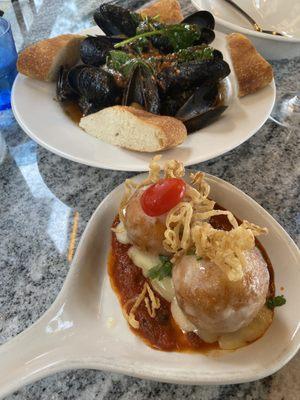 Rice balls and steamed mussels.