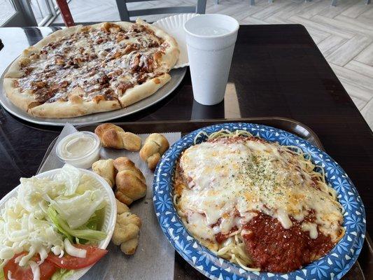 Eggplant Parmigiana pasta. Side salad and garlic knots. With BBQ chicken pizza.