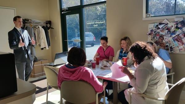 Dr. Tron presenting to Womens Health Partners in Summerville on how the delivery process is detrimental to the spinal health of little ones.