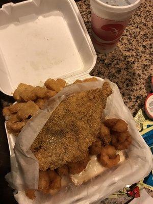 Catfish and shrimp with coleslaw and tator tots