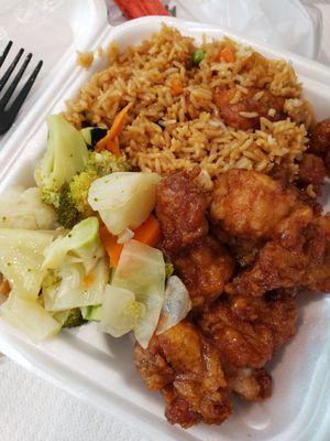 Honey chicken, rice and vegetables