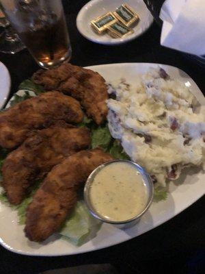 Ah! The comfort food of all times - Chicken tenders, mashers w/honey mustard for dipping.