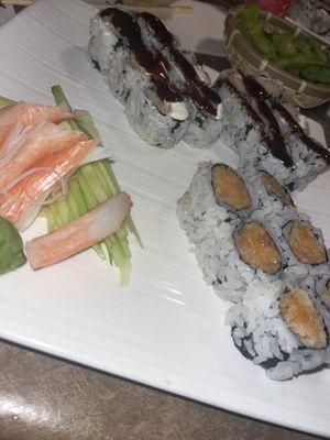 Kari tempura roll.spicy salmon roll and crab legs