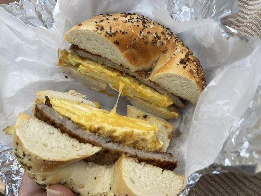 sausage egg & cheese on an everything bagel. made to order & VERY YUMMY