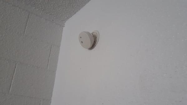 Smoke detector hanging off wall.