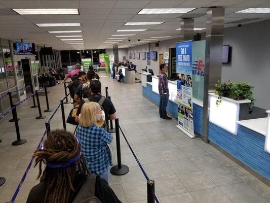 11 p.m. on a Thursday night, the line took 25 minutes to get to the counter, and that's after waiting 15 minutes for the shuttle at LAX.