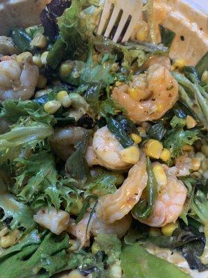 The newer Southwestern Salad with smaller shrimp overpowering and outnumbering the greens in the salad.