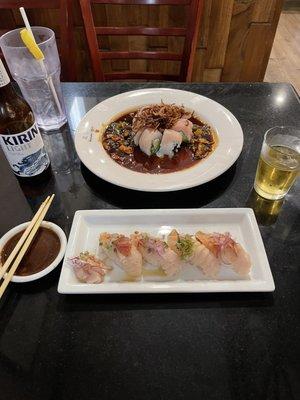 Chili garlic roll, albacore sushi