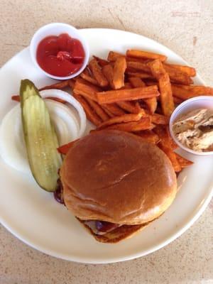 BBQ sandwich with sweet potato fries.